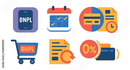 Flat vector icons of buy now, pay later solutions: BNPL app icon, installment plan calendar, purchase split payment badge, delayed billing icon, shopping cart with BNPL option, pay later invoice,