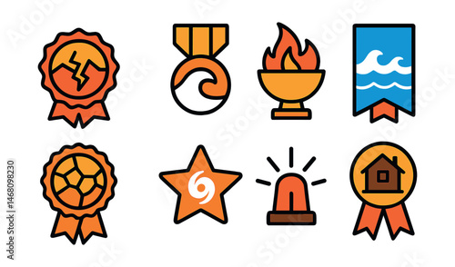 Flat vector icons of disaster and emergency forecasts: earthquake risk prediction badge, tsunami warning forecast medal, wildfire spread forecast trophy, flood risk estimation ribbon, drought