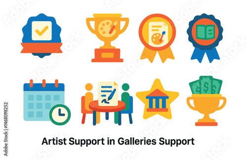 Flat vector icons of artist support in galleries: open call application badge, emerging artist program trophy, artist commission form medal, portfolio review day ribbon, studio visit scheduling icon,