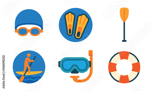 Flat vector icons of water sports and swimming: swim cap and goggles, diving fins badge, water polo ball icon, kayak paddle, stand-up paddleboard badge, snorkeling mask, surfing board ride, lifebuoy