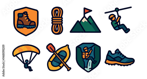 Flat vector icons of adventure and outdoor sports: hiking boots badge, rock climbing rope, mountain summit flag, zipline ride icon, paragliding wing, rafting boat paddle, canyoning adventure badge,