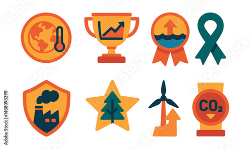 Flat vector icons of environmental forecasts: climate change impact prediction badge, global warming trend graph trophy, sea level rise forecast medal, biodiversity loss risk ribbon, pollution index