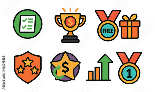 Flat vector icons of betting winnings and bonuses: winning bet slip badge, jackpot payout trophy, free bet bonus medal, welcome bonus offer ribbon, loyalty program rewards badge, cashback on losses