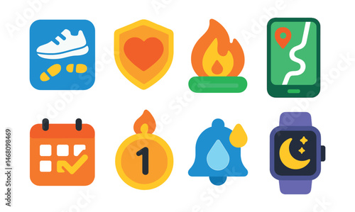Flat vector icons of fitness trackers and apps: steps counter app, heart rate monitor badge, calories burned tracker, GPS running map, workout scheduling app, goal streak badge, hydration reminder