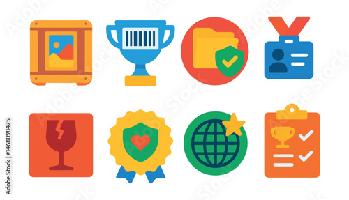 Flat vector icons of art shipping for exhibitions: padded art crate badge, tracking barcode label trophy, customs clearance file medal, art handler ID ribbon, fragile item sticker icon, shipping