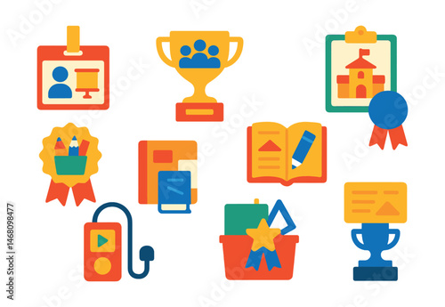 Flat vector icons of education and learning at exhibitions: public lecture schedule badge, guided group tour trophy, school visit clipboard medal, learning corner supplies ribbon, exhibition activity