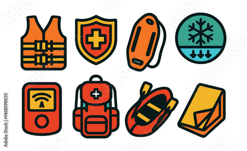 Flat vector icons of water and snow safety: life vest icon, lifeguard badge, rescue tube float, ice thickness safety badge, avalanche beacon device, mountain rescue backpack, water rescue boat,