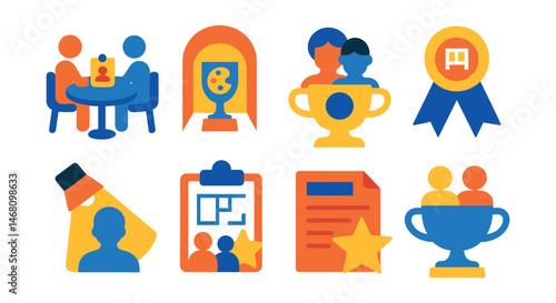 Flat vector icons of exhibition collaborations: curator meeting table badge, artist studio visit trophy, joint project board medal, institutional partner logo ribbon, guest curator spotlight icon,
