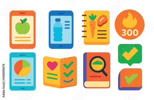 Flat vector icons of food tracking and journaling: food diary app badge, water intake tracker app, daily nutrition log icon, calorie awareness badge, macronutrient tracking app, intuitive eating log,