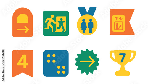 Flat vector icons of museum outreach and digital presence: virtual tour headset badge, museum website homepage trophy, digital exhibition menu medal, app with indoor map ribbon, email newsletter