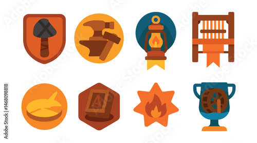 Flat vector icons of historical tools and technology: flintstone axe badge, bronze anvil and hammer trophy, candle lantern medal, ancient loom ribbon, sundial shadow icon, wooden printing block badge