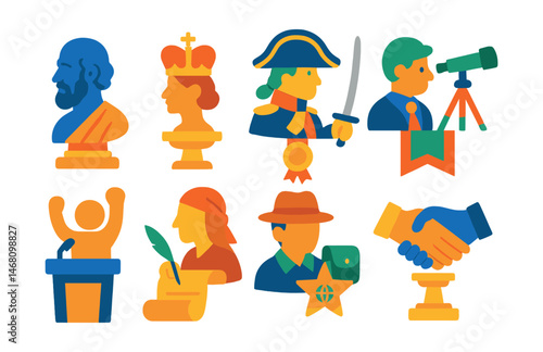Flat vector icons of famous historical figures: philosopher bust badge, monarch crown profile trophy, general with sword medal, scientist with telescope ribbon, activist podium pose icon, ancient