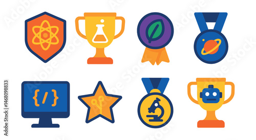 Flat vector icons of science and technology quizzes: physics knowledge challenge badge, chemistry formula quiz trophy, biology trivia test medal, astronomy facts quiz ribbon, computer science basics