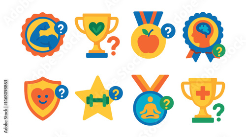 Flat vector icons of health and wellness quizzes: fitness trivia challenge badge, healthy habits quiz trophy, nutrition facts test medal, mental wellness quiz ribbon, emotional intelligence quiz