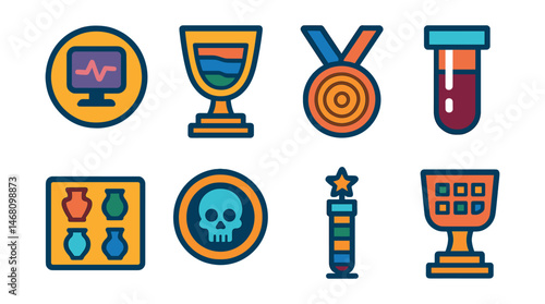 Flat vector icons of dating and analysis methods: carbon dating machine badge, stratigraphy diagram trophy, dendrochronology rings medal, isotope sample tube ribbon, pottery typology chart icon,