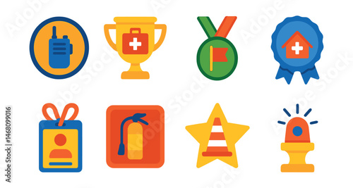 Flat vector icons of public archaeology and outreach: open day tent badge, site tour flag trophy, kids dig activity medal, exhibit panel in field ribbon, archaeologist Q&A table icon, community