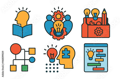 Flat vector icons of creative skills development: creative thinking guide, brainstorming session badge, idea generation toolkit, creative writing workshop, design thinking process map, innovation