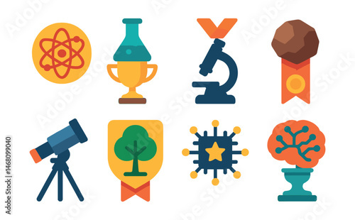 Flat vector icons of scientific disciplines: physics atom badge, chemistry flask trophy, biology microscope medal, geology rock sample ribbon, astronomy telescope icon, environmental science tree