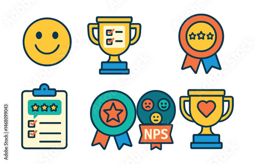 Flat vector icons of customer satisfaction surveys: smiley face rating badge, service feedback form trophy, product review survey medal, net promoter score (NPS) poll ribbon, after-purchase feedback