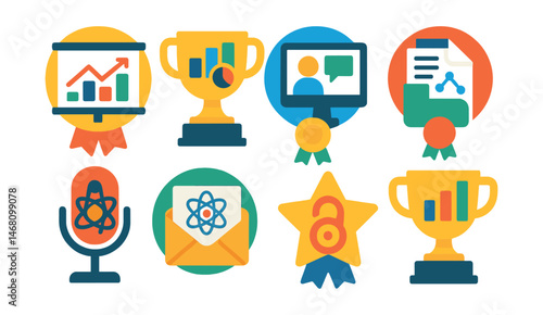 Flat vector icons of science communication: presentation screen badge, data graph and charts trophy, online lecture window medal, research paper folder ribbon, science podcast mic icon, email with
