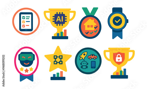 Flat vector icons of innovation and tech adoption surveys: digital device usage survey badge, AI acceptance poll trophy, smart home device feedback medal, wearable tech satisfaction survey ribbon,