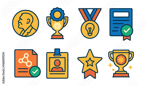 Flat vector icons of scientific awards and recognition: Nobel Prize symbol badge, science fair ribbon trophy, innovation medal medal, grant approval letter ribbon, publication acceptance icon,