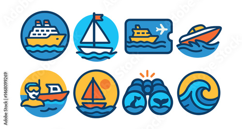 Flat vector icons of cruises and boat tours: cruise ship badge, yacht sailing icon, ferry boarding pass, speedboat ride badge, snorkeling boat trip, sunset sailing tour, whale watching binoculars,