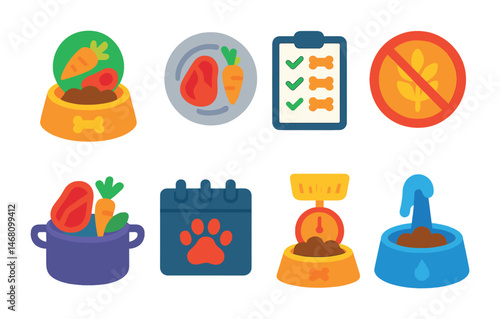Flat vector icons of healthy pet nutrition: balanced dog food bowl badge, fresh cat food plate icon, healthy treats checklist, grain-free pet diet badge, homemade pet food recipes, veterinary diet