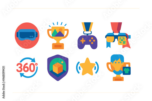 Flat vector icons of virtual and augmented reality: VR headset badge, immersive environment trophy, virtual joystick controller medal, AR overlay glasses ribbon, 360° view icon, mixed reality room