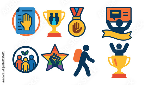 Flat vector icons of human rights activism: human rights declaration badge, refugee support rally trophy, anti-discrimination protest medal, freedom of speech sign ribbon, international solidarity