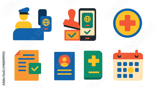 Flat vector icons of travel documentation and visas: passport control icon, visa approval stamp, e-visa mobile app, travel health certificate badge, customs declaration form, immigration entry form,