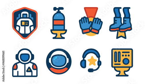 Flat vector icons of astronaut gear: space suit backpack badge, oxygen tank trophy, EVA gloves medal, space boots ribbon, mission patch on suit icon, helmet with visor badge, communication headset