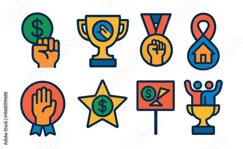 Flat vector icons of economic justice activism: fair wages protest badge, basic income advocacy trophy, labor rights movement medal, affordable housing campaign ribbon, anti-poverty activism badge,