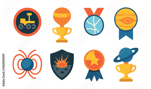 Flat vector icons of planetary science: Mars rover wheels badge, Venus atmosphere balloon trophy, icy Europa crack map medal, gas giant storm ribbon, planetary magnetosphere icon, crater impact site