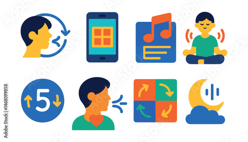 Flat vector icons of breathing techniques and relaxation: deep breathing guide icon, box breathing app badge, relaxation music playlist, meditation breathing session, stress relief breath counter,