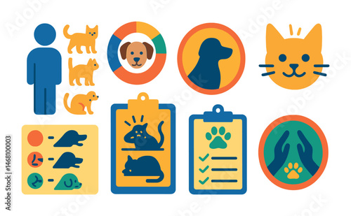 Flat vector icons of pet communication: body language interpretation guide, pet mood tracker badge, calming signals in dogs badge, happy cat signals icon, vocalization meaning chart, stress signs