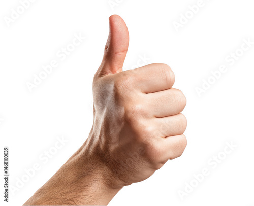 Closeup male hand showing thumbs up gesture positive sign approval yes man on transparent background