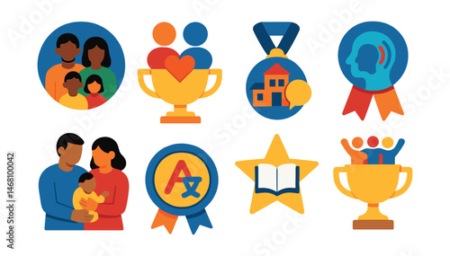 Flat vector icons of inclusive parenting: diverse family structures badge, adoption inclusivity trophy, inclusive school-parent communication medal, sensory-friendly parenting resources ribbon, equal