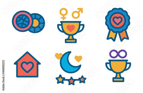 Flat vector icons of relationship astrology: synastry chart overlay badge, composite chart trophy, Venus-Mars aspect medal, love compatibility wheel ribbon, emotional bonding house icon, lunar