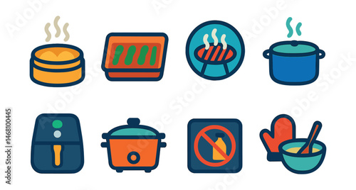 Flat vector icons of healthy cooking methods: steaming basket icon, roasting tray, grilling rack badge, boiling pot, air fryer appliance, slow cooker bowl, no-fry cooking guide, healthy baking setup.