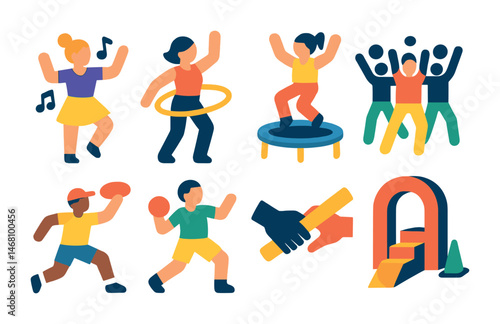 Flat vector icons of playful fitness ideas: dance fitness class badge, hula hooping workout badge, trampoline cardio session badge, group dance flashmob badge, ultimate frisbee weekend event,