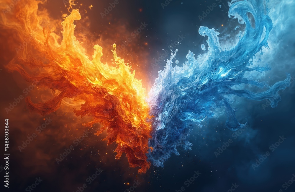 Artistic clash fire ice. Two elements combine, bright orange fire meets cool blue ice in dynamic visual. Energetic forms collide, creating contrast. Powerful imagery of conflict fusion. Abstract Artistic clash fire ice. Two elements combine, bright orange fire meets cool blue ice in dynamic visual. Energetic forms collide, creating contrast. Powerful imagery of conflict fusion. Abstract