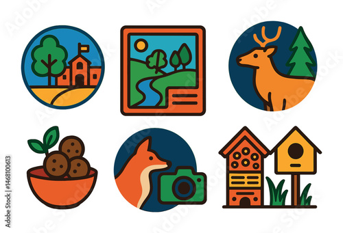 Flat vector icons of rewilding projects: rewilding schoolyards project badge, restoring local habitats planner, citizen science biodiversity projects badge, bringing back native species badge, seed