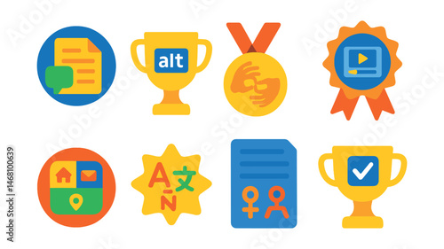 Flat vector icons of inclusive communication: plain language document badge, alternative text support trophy, sign language icon medal, captioned video ribbon, icon-based navigation badge,