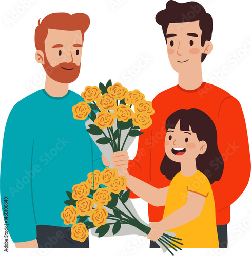 father’s day illustration with two dads and daughter – happy family holding yellow roses bouquet, celebrating modern parenthood and love diversity
