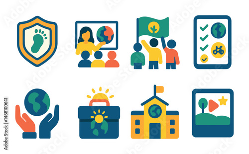 Flat vector icons of climate literacy education: understanding carbon footprint badge, climate crisis explainer workshops badge, youth-led climate action clubs badge, climate-friendly habits tracker