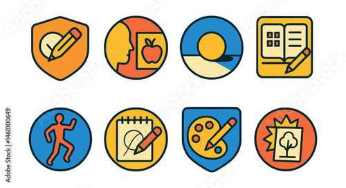 Flat vector icons of sketching basics for beginners: practicing daily sketching habits badge, drawing from observation badge, learning light and shadow basics badge, building sketchbooks planner,