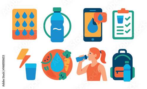 Flat vector icons of hydration and wellness: daily water intake tracker, reusable water bottle badge, hydration reminder app, morning hydration checklist, hydration and energy link guide, water-rich