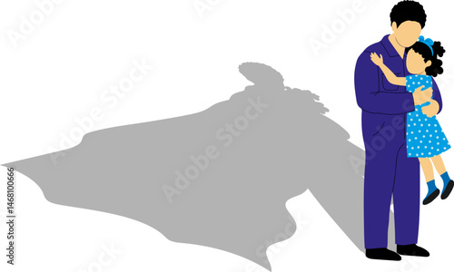 isolated illustration of dad holding daughter with superhero shadow, father's day and daughter's day concept