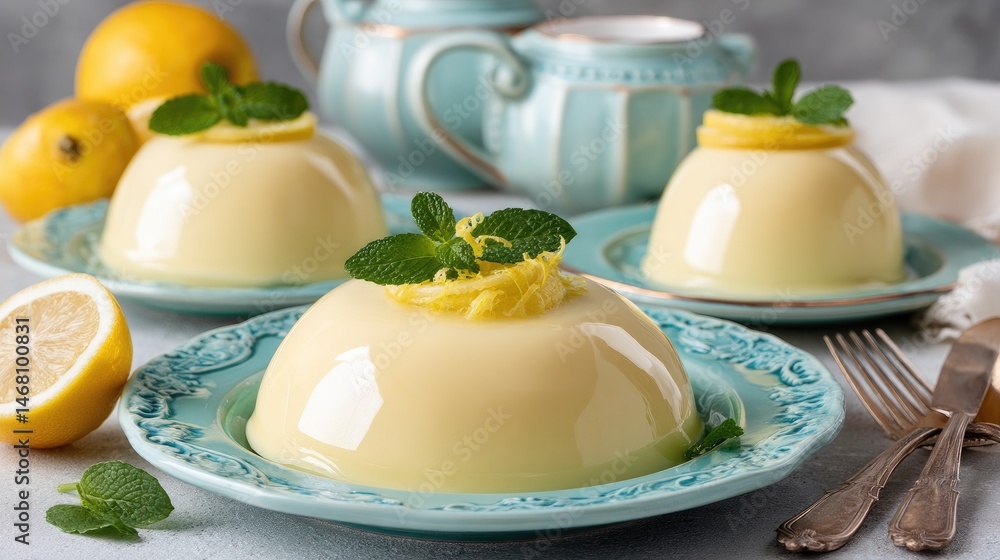 Fototapeta premium Lemon Dream Elegant Panna Cotta with Citrus Mint with Delicious Treat.